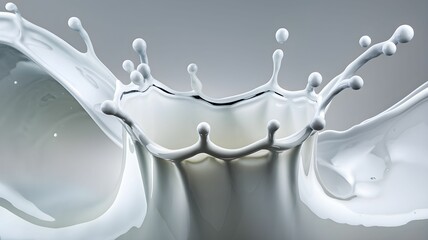 A high-speed capture of a splash of milk in mid-air with a smooth curve. The milk is white and has a creamy texture