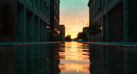 Fototapeta premium City Street Reflection At Sunset With Tall Buildings Casting Shadows and Warm Golden Light Reflecting on the Water Puddle