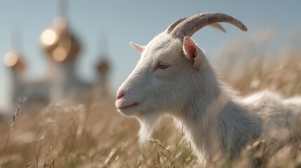 Fototapeta premium White goat resting in tall grass near a historical building.
