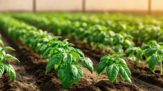 Fresh green plants thrive in fields of fertile soil, showcasing beauty of agriculture and natures promise. Sunlight nurtures growth, enhancing vibrant crops and creating serene farming atmosphere.