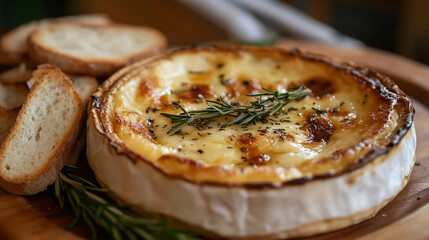 Delicious cheese tart served with toasted bread and fresh rosemary on a wooden platter