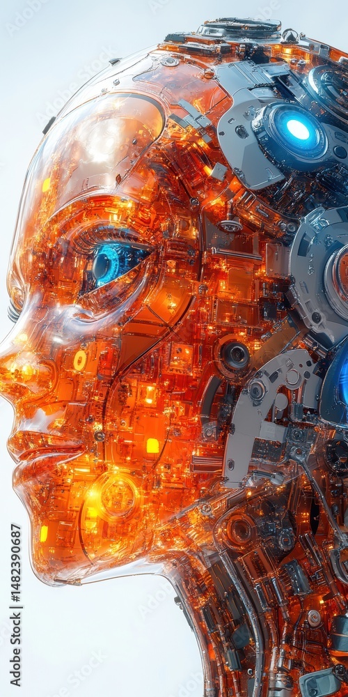 Aufkleber complex robot head composed of translucent amber material and mechanical components