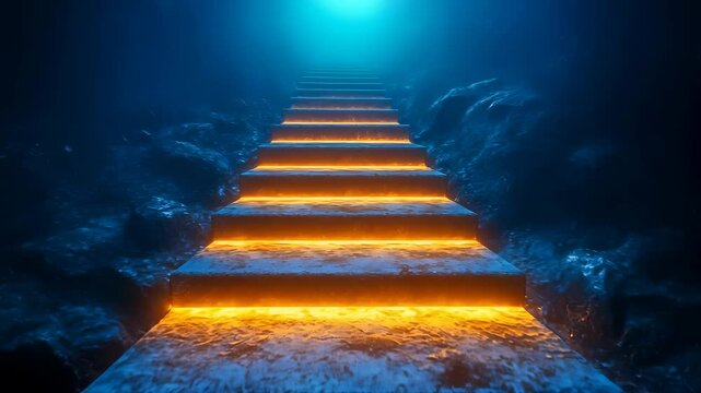 Illuminated mysterious staircase leading upwards through darkness towards bright light. Symbolizing journey to success, knowledge, or discovery. Great for motivational, fantasy, or spiritual themes.