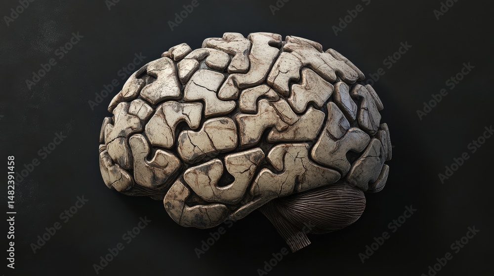 Poster create a brain icon designed in a puzzle style, where the pieces are coming together to form the sha