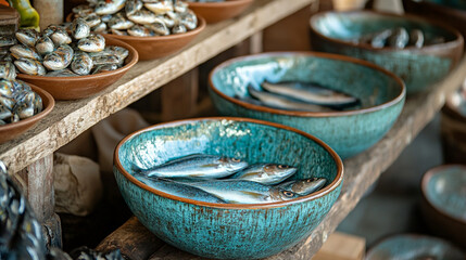 Fresh seafood displayed in vibrant bowls at a local market during afternoon hours