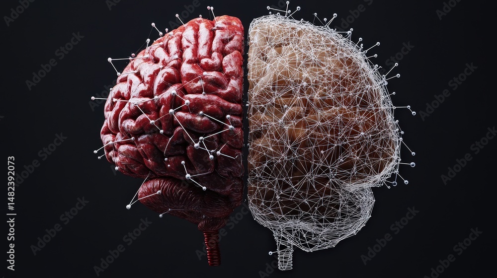 Poster create a brain icon with half of it showing realistic anatomy and the other half being a pattern of 