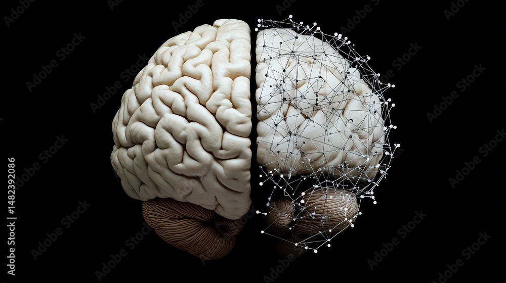 Poster create a brain icon with half of it showing realistic anatomy and the other half being a pattern of 
