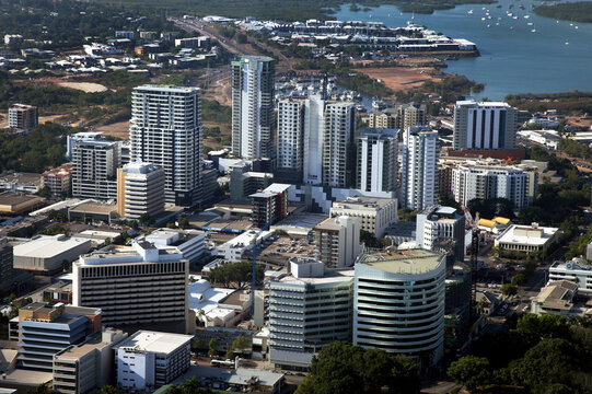 Aerial image of city skyline with surrounding water