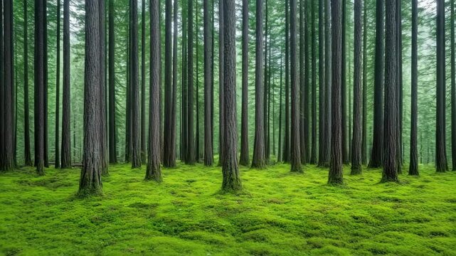 Serene and Tranquil Forest Landscape Lush Greenery, Tall Trees, and Vibrant Moss Create Peaceful Atmosphere in Natures Embrace