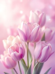 Obraz premium Digital painting of pastel tulips with velvety petals and water droplets. Dreamy floral art with pink and purple splashes. Perfect for romantic and decorative design concepts
