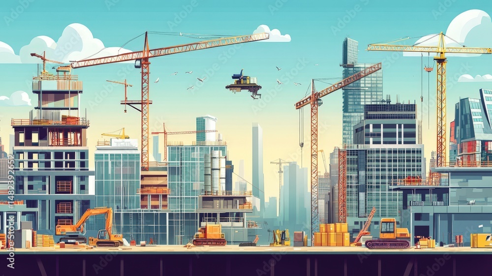 Poster create a cityscape where multiple construction projects are happening simultaneously, showcasing urb