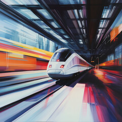 Fototapeta premium Vivid conceptual artwork capturing a sleek high-speed train in full motion on an unoccupied platform within a modern station, blending technology with ...