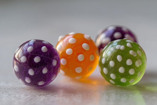 Close-up of four colorful, dotted spheres.  Four translucent, spherical objects with white polka dots on varying shades of orange, purple, and green - Powered by Adobe