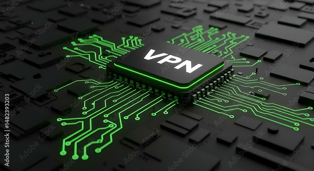 Poster shiny black processor chip with green vpn circuit connections on a motherboard. concept of network s