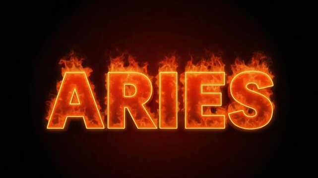 3D fiery red text 'ARIES' with flame effects and bold shadows &mdash; energetic and fierce.
