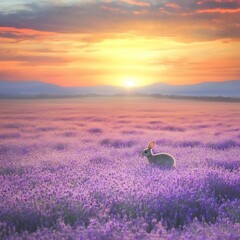 Obraz premium Rabbit silhouetted in a lavender field during sunrise, creating a tranquil scene