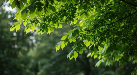 Obraz premium Lush Green Leaves in a Tranquil Forest Setting with Soft Background Light