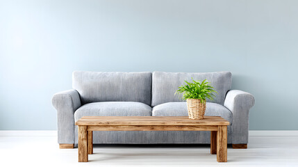 Minimalist living room interior with gray sofa, wooden coffee table, neutral tones, and clean lines, creating a calm, elegant, and contemporary atmosphere for modern home design.
