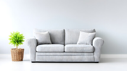 Minimalist living room interior with gray sofa, wooden coffee table, neutral tones, and clean lines, creating a calm, elegant, and contemporary atmosphere for modern home design.
