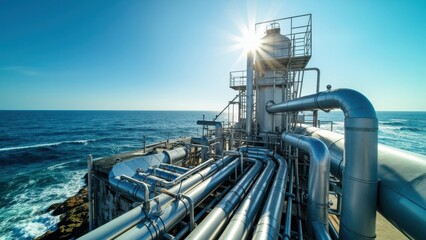 Industrial complex with pipes and structures on a rocky coast next to the ocean under a bright sunny blue sky. Industry and coastal energy concept