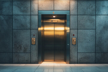Modern elevator in a building with a sleek metallic door and stone walls at night