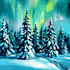 northern lights over snowy pine forest winter landscape with snow-covered trees and starry night sky acrylic painting