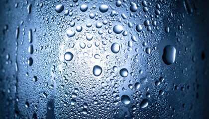 Water drops on glass surface indoor macro photography cool blue tone close-up perspective refreshing concept