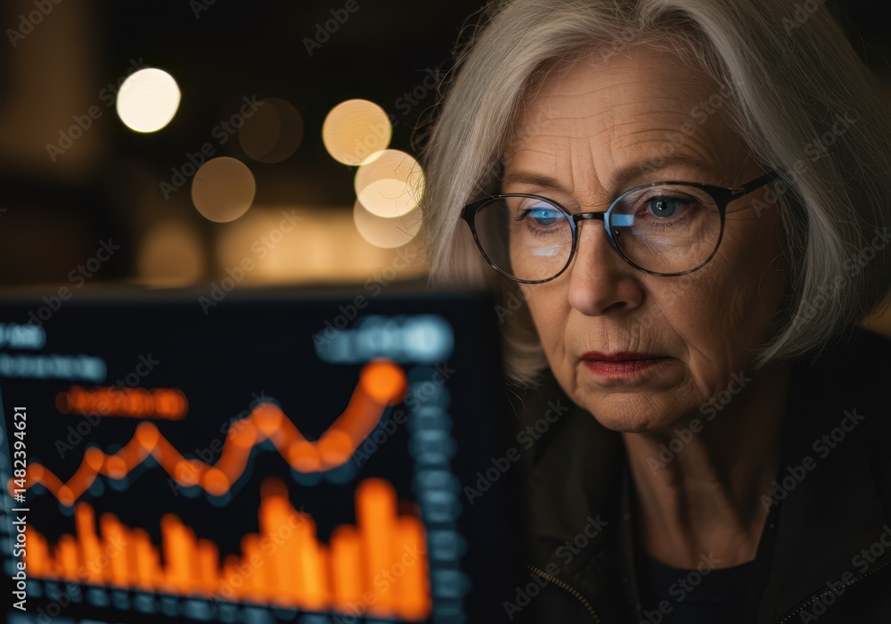 Poster a woman with glasses is looking intently at a computer screen displaying financial data