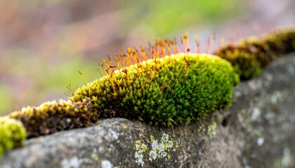 Naklejka premium Lush green moss growth on stone surface nature scene close-up macro photography tranquil environment
