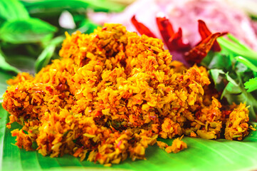 Food Series : Curry paste for making Northern Thai spicy sausage. Ingredients of Sai Aua. Brightly colored curry pastes are part of Thai food culture. Northern Thai grilled sausage.