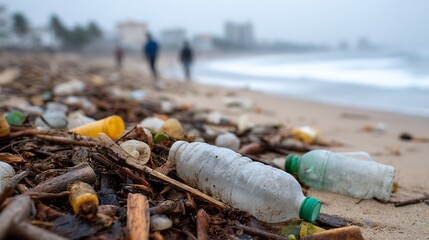 Obraz premium Beach pollution scene with trash on the shore and people in background. 