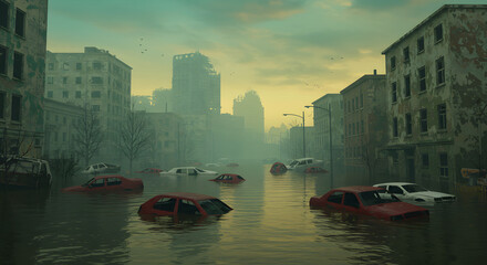 Flooded City Street Scene with Submerged Cars Pixel Art Post Apocalyptic Urban Disaster Hazy Sky