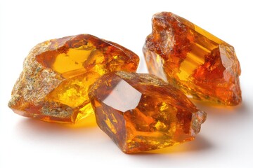 Three amber gemstones, close-up on white background, showcasing facets and natural textures