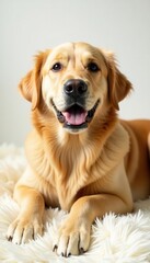 Golden retriever sprawled, white backdrop, soft fur, animal photography, golden retriever, fur
