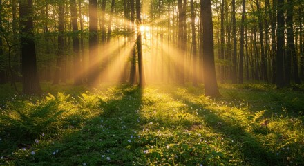 Sunlight Filtering Through Trees in a Lush Forest with Ferns and Wildflowers