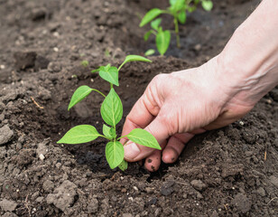  "Close-Up of Hands Planting Vegetable Seedlings in Garden Soil"
