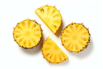 Pineapple Cuts Isolated, Raw Ananas Pieces, Comosus Tropical Fruit Chunks, Ripe Pine Apple Slices on White