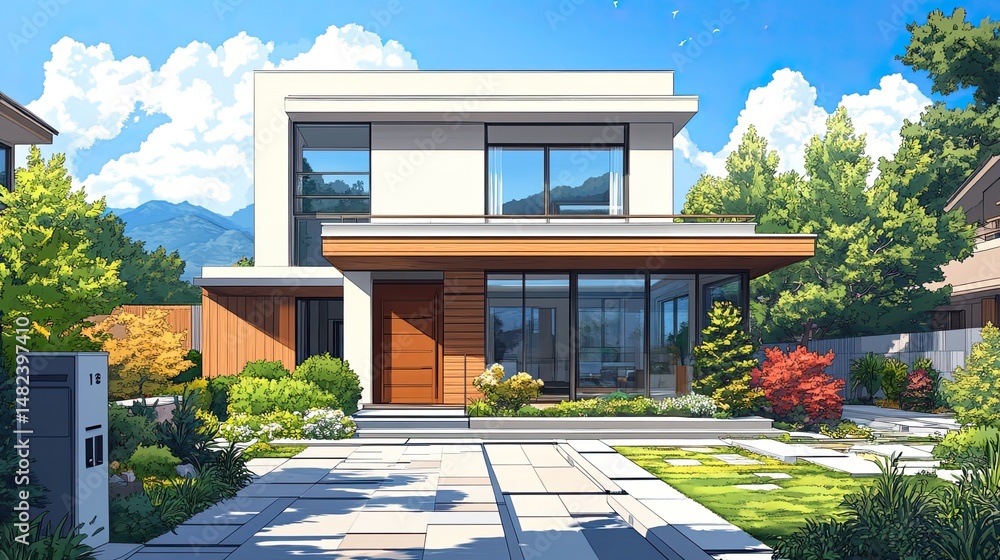 Poster a vector linear architectural sketch of a modern detached house.