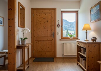 Wooden door and furniture create a warm and inviting interior space with a view to the mountains