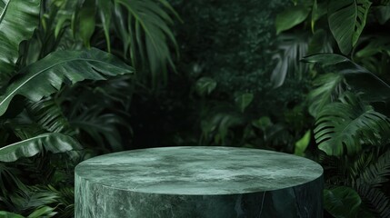 Fototapeta premium Green marble podium surrounded by lush tropical foliage