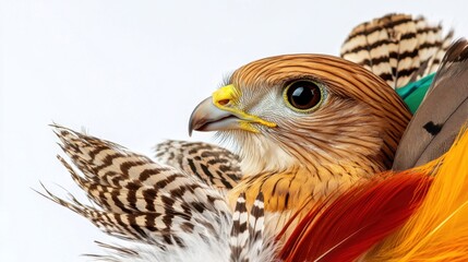 Close-up of patterned brown feathers on bright white surface, natural textures and detail