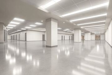 Fototapeta premium Modern spacious empty office hallway with bright lighting and polished floor