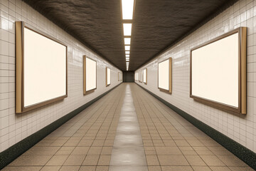 Subway corridor with blank advertisement panels tiled walls and floor lighting