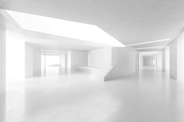 Minimalist white architecture interior design bright spacious hallway stairs