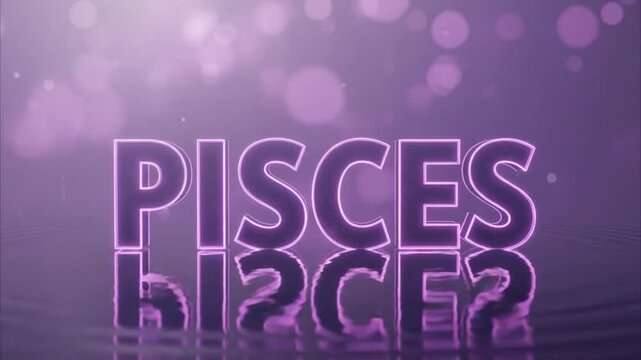 3D dreamy purple text 'PISCES' with water ripple effect &mdash; intuitive and peaceful.