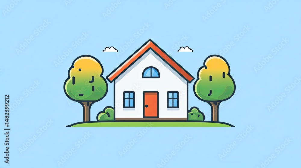 Poster a vector-style house logo with trees on either side.