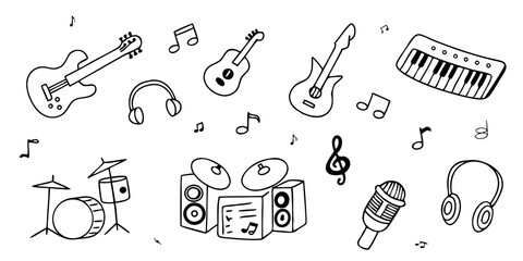 Music and Rock and Roll Doodle Art, simple hand-drawn decorative illustrations with guitars, drums, piano, headphones, and more stock illustration