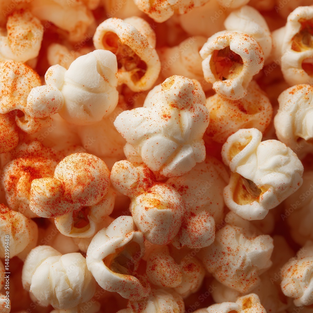 Poster close-up of seasoned popcorn, ideal for snacking. the red seasoning adds a pop of color and flavor t