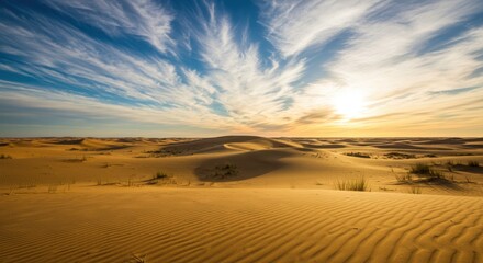 Fototapeta premium Expansive desert landscape at sunset with vibrant clouds and gentle dunes