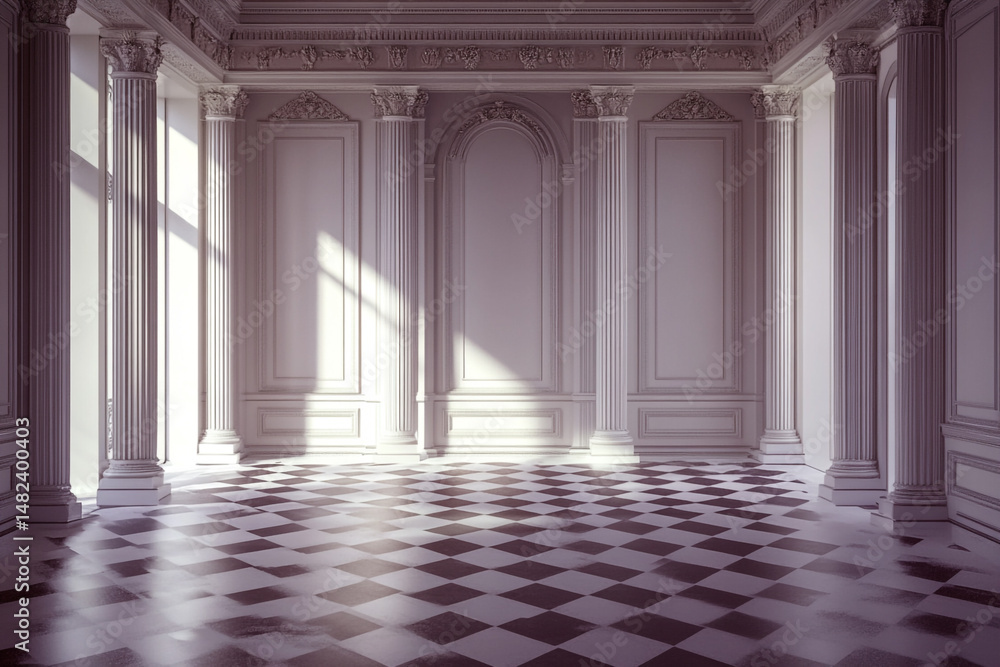 Poster sunlit classical room with columns paneled walls and checkered floor